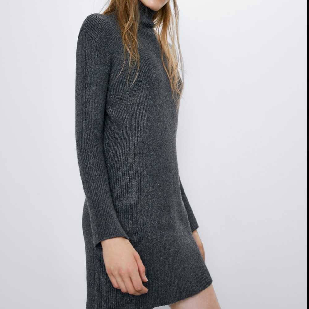 Zara Ribbed Braided Turtleneck Dress Gray Size M - Picture 9 of 12